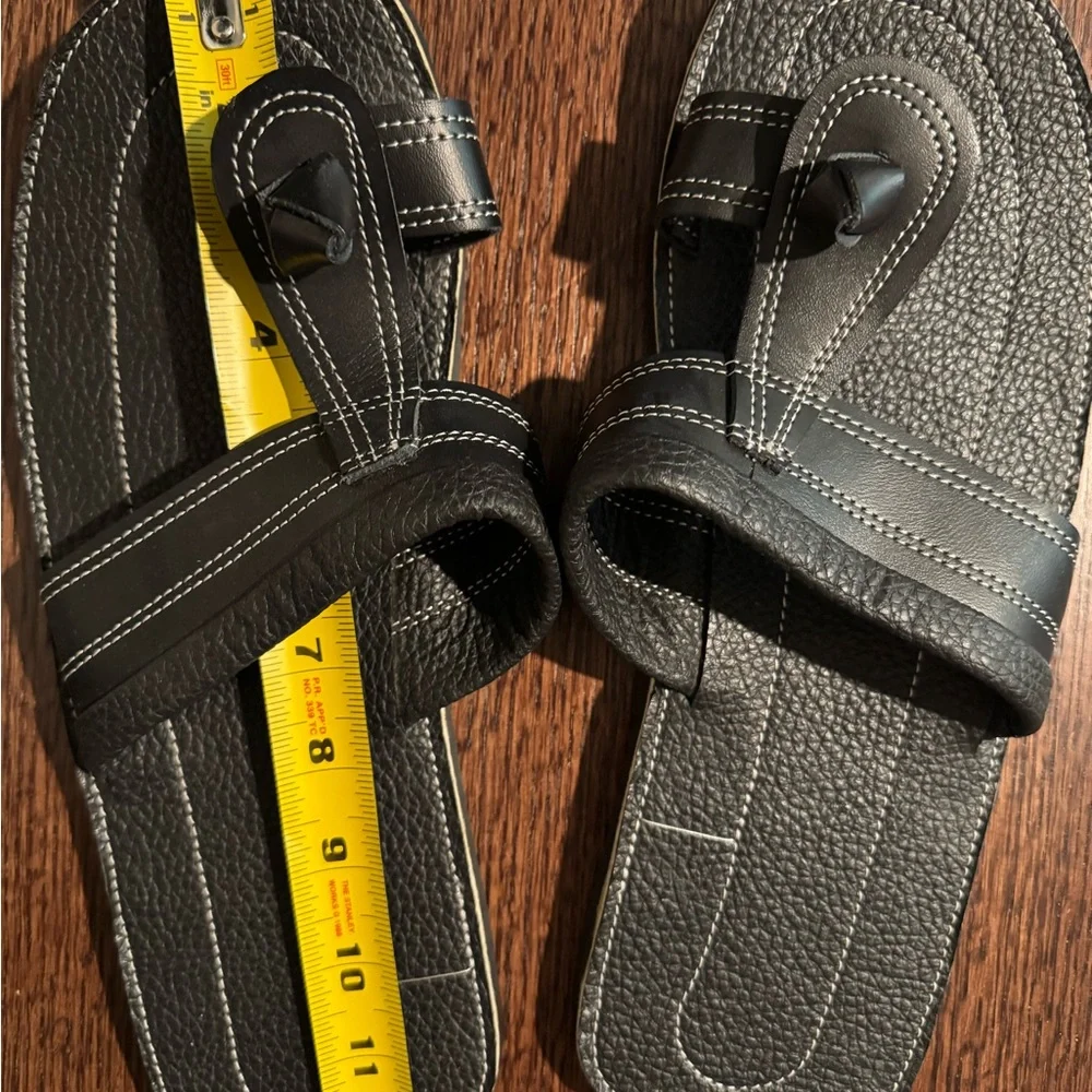 Black Leather Toe Loop Slide Men's Sandals - Picture 2 of 3